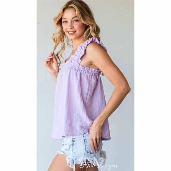 ❤️LAST ONE! Lavender Ruffled Elastic Shoulder Cotton Spring Top! - Picture 3 of 5